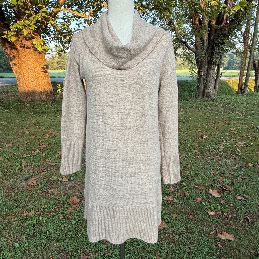 Anthropologie Cowl Neck Sweater Dress Small Beige Wool Alpaca Cashmere Blend Oat